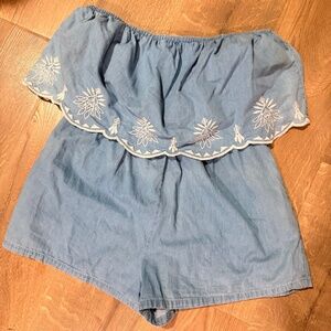 Japna 100% Cotton light wash Denim look embroidered strapless romper